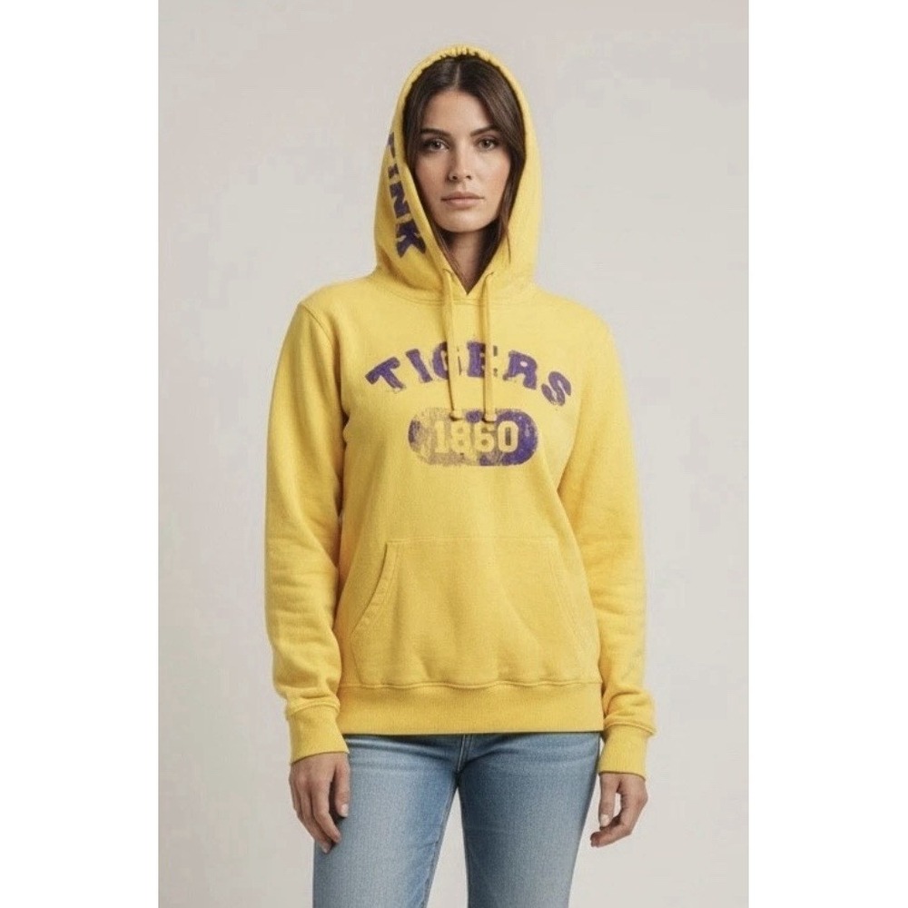 LSU Tigers PINK Victoria's Secret Hoodie Womens M Yellow Chenille Logo Y2K